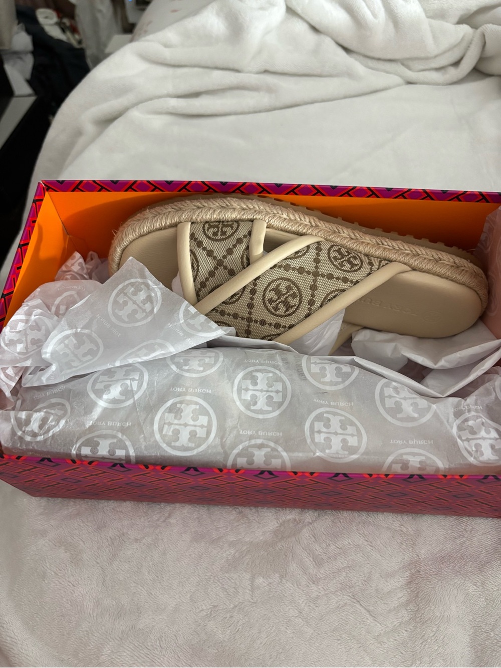 Tory Burch Beige Monogram Espadrille Slide Sandals - Picture 5 of 8